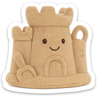 a stuffed animal jellycat shaped like a sand castle, soft plush texture, cute details sticker
