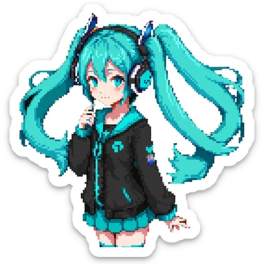 Hatsune Miku with teal twin tails, headphones, and signature outfit sticker