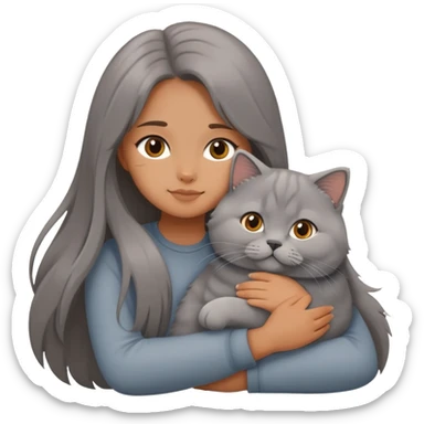 A long-haired girl hugs a British Shorthair sticker