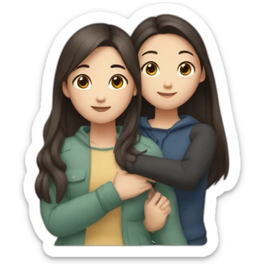 Two girls friends one dark hair, second girl is asian with long brown hair hugging each other sticker