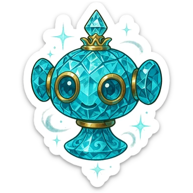 crystal, luxurious elixir bottle in the shape of a cute robot head, cyan color, lots of shining, facets, ornaments, golden details, magical effects, very small golden collar, transparent background, beautiful merging base, clearly floating in the air, no base or shadow, very luxurious, friendly, playful, matching the collection sticker