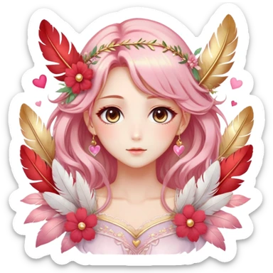 Dreamy pretty pastel anime flowers feathers hearts divine laurel lady with pretty hair and gorgeous eyes, romantic aesthetic, reds, pinks, golds, whites, gradient hues, shiny, sparkly, cute, beautiful, sexy sticker