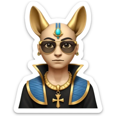 3D cartoon horned character portrait, wearing sunglasses, gothic ancient Egyptian style, pharaoh collar, dark gold and black outfit, ankh symbols, Egyptian jewelry, mysterious expression, soft dramatic lighting, centered, clean background, no text, no watermark sticker