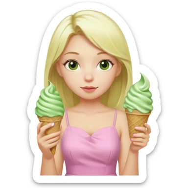 girl blonde long hair in pink dress,  eating matcha ice cream sticker