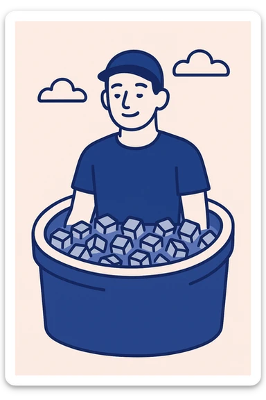 person sitting in an ice bath, relaxed expression, visible ice cubes, minimalist style sticker
