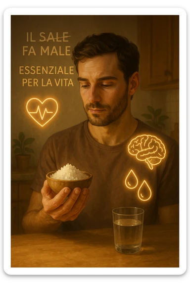 A realistic, cinematic illustration of a man in his early 30s holding a small bowl of unrefined sea salt in his hand, looking at it with awareness and respect. Around him, glowing minimalistic symbols of a beating heart, a brain, and hydrated cells appear, indicating the essential role of sodium in hydration, nerve conduction, and overall cellular health. In the background, faint text or floating words show the false myths: ‘Il sale fa male’, crossed out gently, while the phrase ‘Essenziale per la vita’ glows softly. The setting is a warm, softly lit kitchen with a glass of water nearby, emphasizing balance. The color palette is warm, natural, and calming, emphasizing that salt, when used consciously, is vital for human health, against common misconceptions demonizing it. sticker