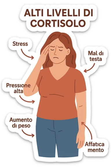 donna con Cortisolo alto con freccie che indicano. In italiano sticker