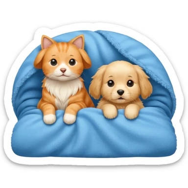 An Orange cat and an English cream retriever dog in a blue blanket  sticker