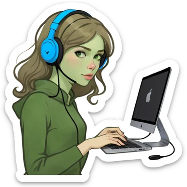 Pale skin girl with blue eyes, and dark blonde hair working with Mac  sticker