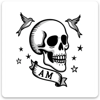Old school Americana tattoo skull with nautical stars and swallows sticker