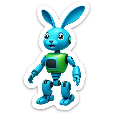 The blue and green robot rabbit standing in a meadow or forest, blending technology with nature sticker