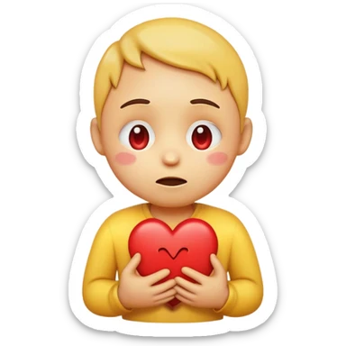 > "A round yellow emoji face with big, shiny, teary eyes, holding a red broken heart close to its chest with both hands, showing a caring and comforting expression, 2D digital art, soft shading, simple background." sticker