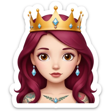 Beautiful tattooed long burgundy haired girl wearing a princess crown sticker