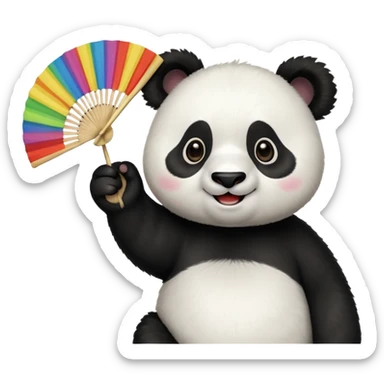 A panda waving a painted fan joyfully, cheeks puffed in excitement.
 sticker