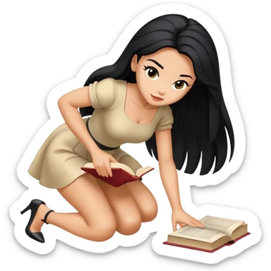 Bimbo in heels, mini dress, long black hair tanned, hot, bending to pick up book from ground, hot,  only book.  sticker