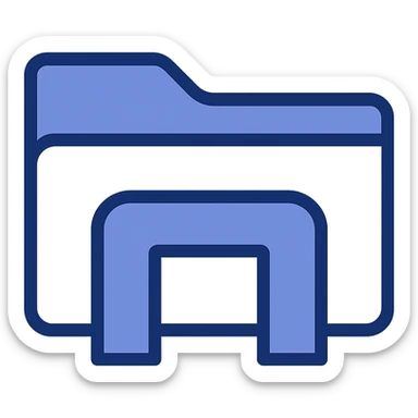 Fuse the blue folder icon with the File Explorer icon. Use the blue folder as the base and add the blue 'bridge' element from the File Explorer icon to the front of the folder. Keep the style flat and modern, with a fully transparent background. Prioritize clarity, recognizability, and consistency with the other icons. sticker