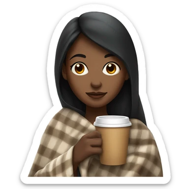 Brown skin girl with straight black hair in a blanket holding coffee sticker