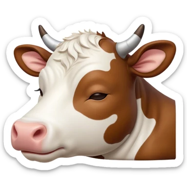 Meme-Worthy Cute Sleeping Brown and White Cow Portrait Emoji, Head resting peacefully with a contented smile, showcasing a robust build and a luxuriously soft patterned hide of brown and white, eyes shut in a serene, restful nap, Simplified yet hilariously adorable features, highly detailed, glowing with a soft, drowsy light, high shine, relaxed and utterly lovable, stylized with an air of playful laziness, bright and heartwarming, soft glowing outline, capturing the essence of a comically sleepy cow, so meme-worthy it feels like it could instantly become the next viral sensation of adorable slumber! sticker