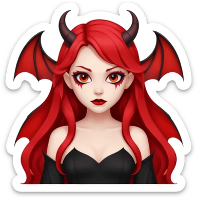 demon girl, skin red , black long hair, small horns, bat wing, black open-back dress, bold black outlines, red+black palette sticker