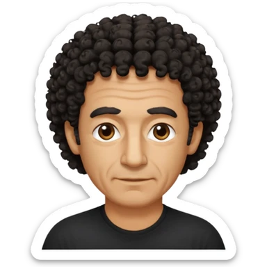 60 year old Greek man with short black curly frizzy think hair that sticks up and has a black shirt sticker