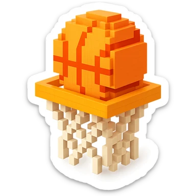 A voxel-style basketball in a net, monochromatic and sleek sticker