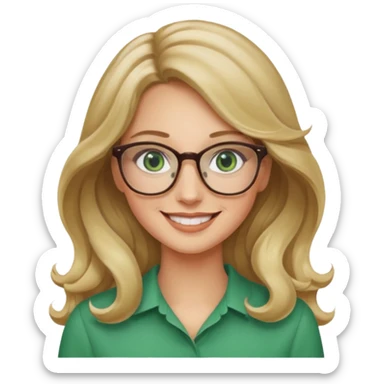 long wavy darker blonde hair woman with green eyes and glasses smiling sticker