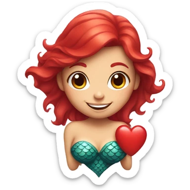 mermaid with red hair smiles and holds a heart in her hands sticker
