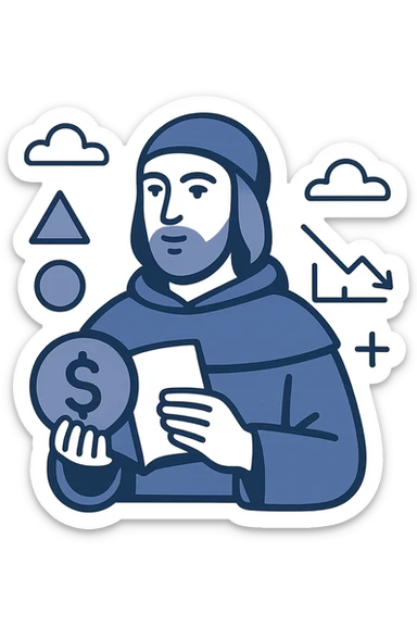 flat design logo for a fintech startup, referencing Luca Pacioli, with abstract mathematical symbols and clean lines sticker