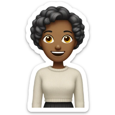 Woman with a short hair cut wearing a fang tooth sweater sticker