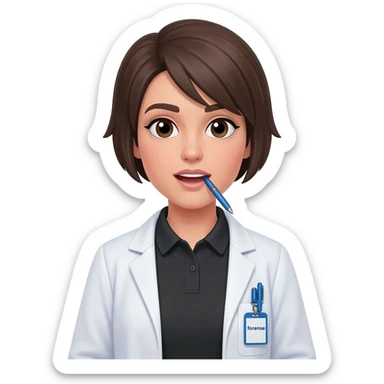 Hacer un emoji con bata, que se alcance a ver una bolígrafo azul en la bata, una polo color negro y un gafete colgando que diga forense, la cara que sea un poco femenina, cabello corto, que de su boca salga un globo de hablar que diga 53 sticker