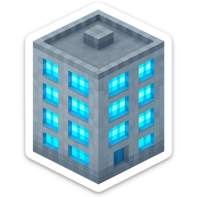 Russian panel apartment building, compact square block, light gray, UV glowing windows, isometric view sticker