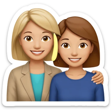 Middle aged light brown skinned woman beside a middle aged asian woman smiling looking young sticker