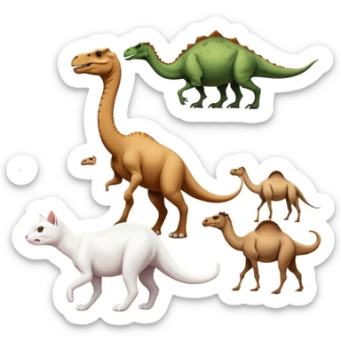 A white cat chasing a T-Rex in the desert with a herd of camels staring at them sticker