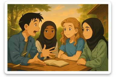 Continuation of the image: The boy is speaking, the three others are listening. The wind is blowing, visible in the hair, clothes, and pages of the book. Keep the faces very close to the original, same setting, outdoor ambiance, evening light. sticker