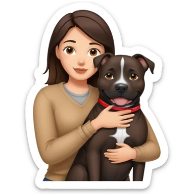 Brunette hugging happy big black amstaff dog sticker