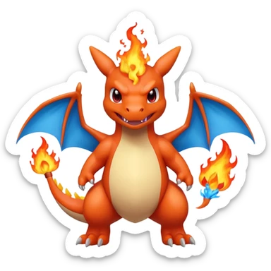 cute minimalistic red charizard pokemon throwhing flames 2 horns, blue wings only on the inside part sticker