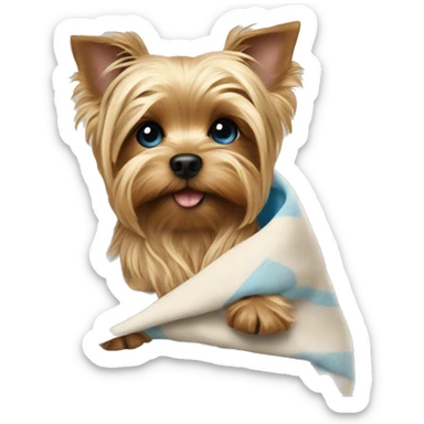 A yorkie puppy wrapped In a blanket held by a blonde haired blue eyed woman sticker