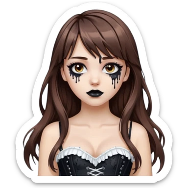 white girl, brown hair, bangs and long hair, dark makeup. Detailed corset top with white paint dripping,  sticker