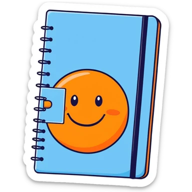 sky blue notebook with a smiling face, cartoonish sticker style sticker
