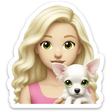 pale blond girl with wavy long platinum hair with green eyes holding a white chihuahua puppy that wearing a pink bow sticker