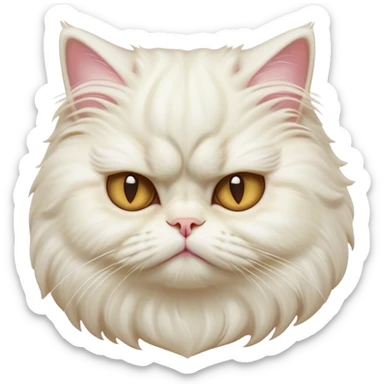 Cinematic Grumpy White Persian Cat Portrait Emoji, Head tilted playfully with a hint of sass, fluffy white fur with subtle hints of cream and golden tones, Simplified yet hilariously chubby features, highly detailed, glowing with a warm but undeniably grumpy glow, high shine, a mix of lazy and uninterested, stylized with a touch of whimsy, bright but with an expression of sheer disdain, soft glowing outline, capturing the essence of a mischievous yet chubby, grumpy kitty, so endearing it feels like it could stretch out of the screen and sarcastically demand attention with its iconic, grumpy charm! sticker