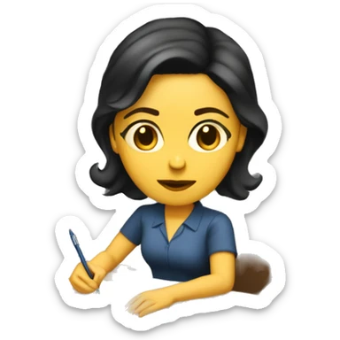 white mom with short dark hair writing  a notebook on a wooden office desk sticker