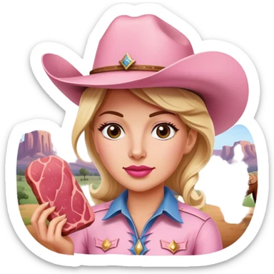 a pink cowgirl painting a SPAM meat portrait landscape  sticker
