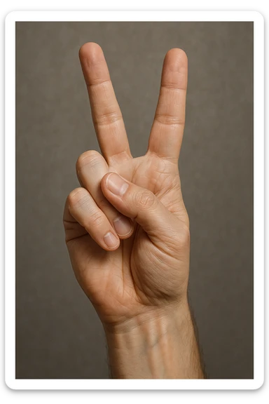 realistic style hand showing a peace sign gesture with the ring finger touched by the thumb, highly detailed, lifelike sticker