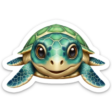 Cinematic Realistic Cute Sea Turtle Portrait Emoji, Head tilted playfully and inquisitively, featuring a compact, gentle form with a beautifully detailed shell adorned with natural patterns and a soft, expressive face with sparkling eyes, rendered with realistic textures and warm ambient light; high shine, affectionate and spirited, styled with a touch of marine whimsy, soft glowing outline, capturing the essence of a mischievous yet lovable sea turtle that seems ready to swim playfully into your arms! sticker