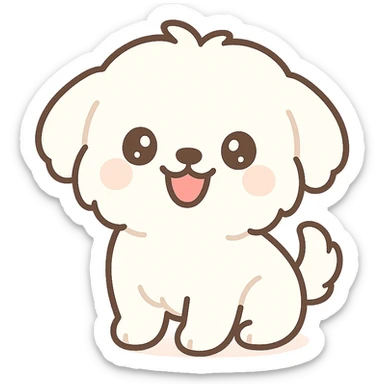 cute Maltese dog laughing, fluffy white fur, big eyes, playful expression, kawaii style sticker