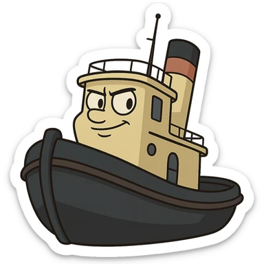 flat cartoon style tug boat with dark hull and cream yellow upper structure sticker