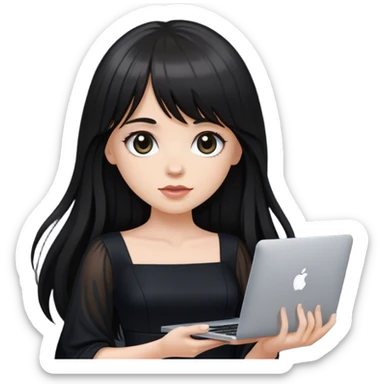 Beautiful white girl, with dark very long hair with bang, wearing black dress, holding MacBook  sticker