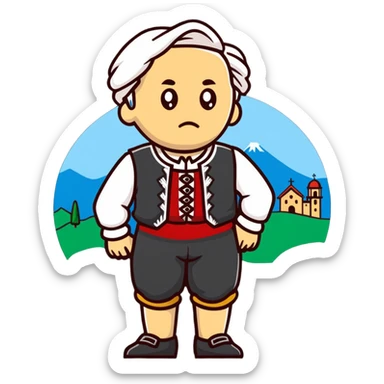 a German in typical Bavarian clothing shrugging and looking lost with Sicily in the background sticker