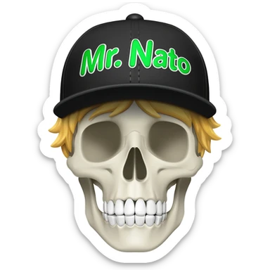 Create a skeleton head wearing a black baseball cap that says " Mr. Nato " in green, and white lettering, with blonde hair sticker